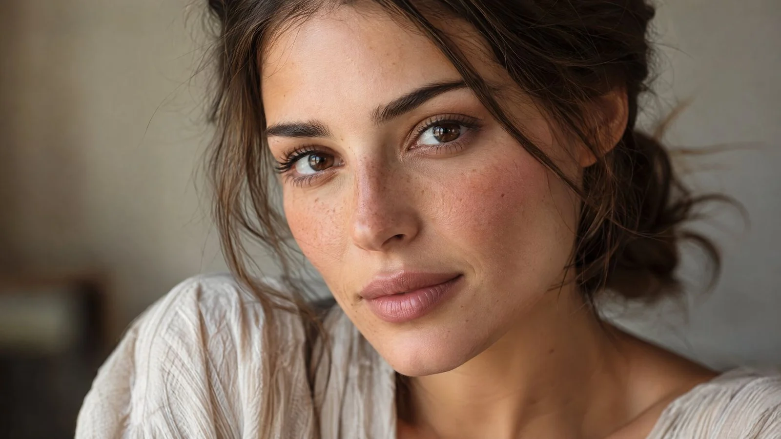 Close-up beauty portrait of a model with natural makeup in warm tones under soft studio light