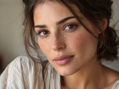 Close-up beauty portrait of a model with natural makeup in warm tones under soft studio light