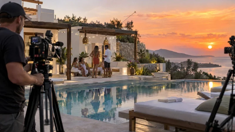 Reality TV villa with a pool and sun loungers at sunset, cameras on tripods at the edge of the terrace
