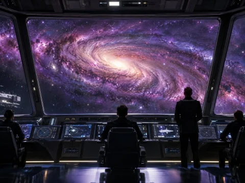 Crew on a spaceship bridge looking at a purple galaxy through a large window