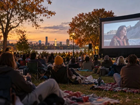 Audience on blankets and chairs watching an outdoor film screen in a park at dusk