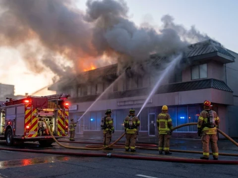 Firefighters spraying water on smoke rising from a commercial building next to a fire engine in the evening