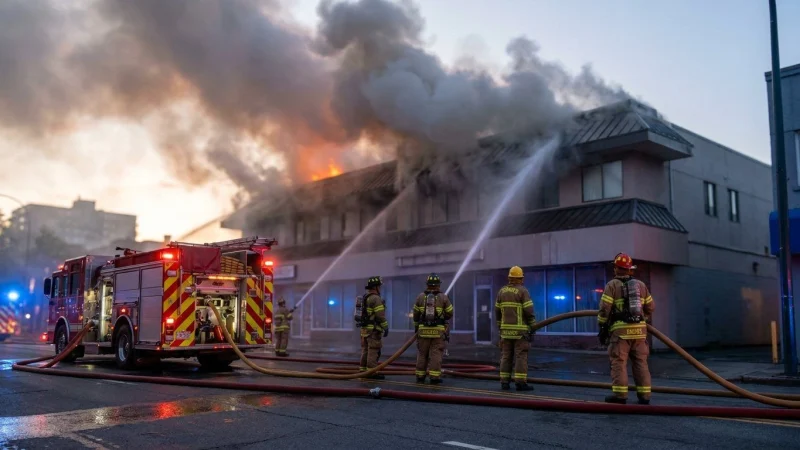 Firefighters spraying water on smoke rising from a commercial building next to a fire engine in the evening