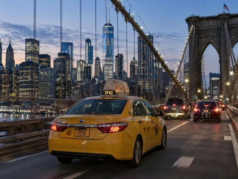 Yellow taxi driving across a large suspension bridge toward a city skyline at dusk