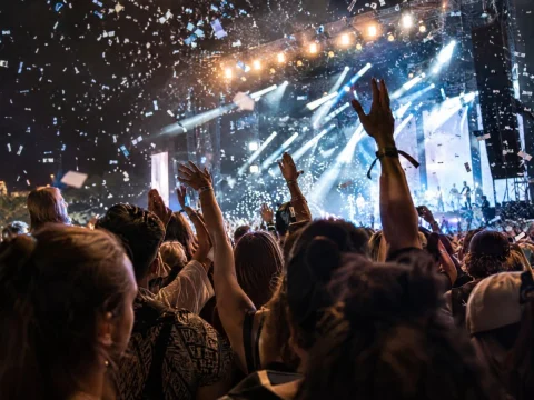 Crowd with raised hands at a night-time open-air concert, stage lights and confetti
