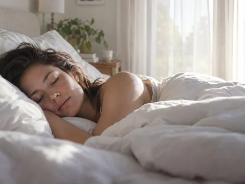 Woman sleeping peacefully in a bed with white linen, soft morning light through curtains
