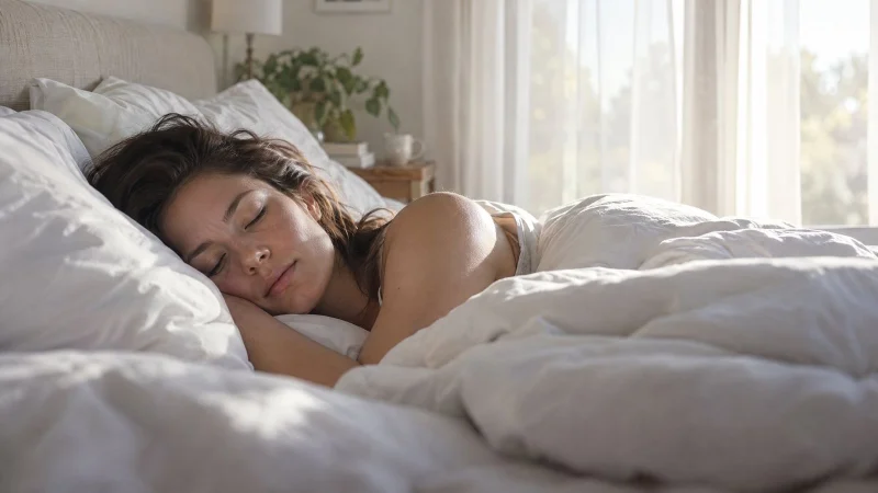 Woman sleeping peacefully in a bed with white linen, soft morning light through curtains
