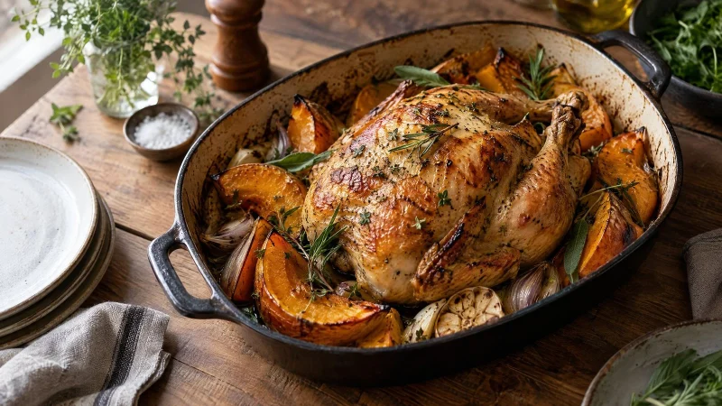 One-pan dinner of roasted chicken, pumpkin wedges and herbs on a rustic wooden table