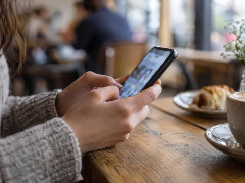 Hands holding a smartphone at a cafe table, the screen glowing softly