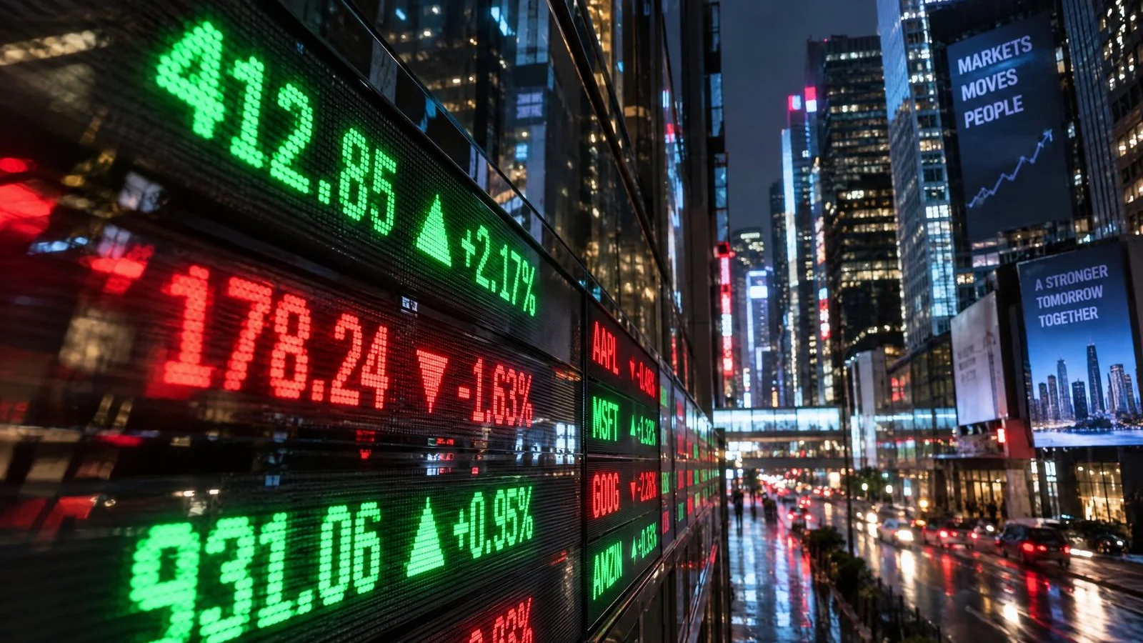 Giant red and green stock market numbers glowing on screens across a city at night