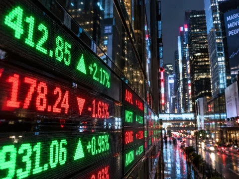 Giant red and green stock market numbers glowing on screens across a city at night