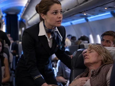 Flight attendant helping an older passenger in his seat on a plane