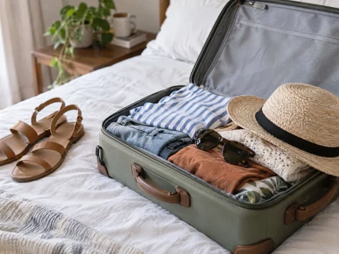 Small open suitcase neatly packed with summer clothes, sunglasses, a hat and sandals on a white bed