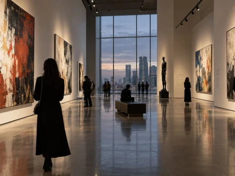 Visitors looking at large abstract paintings in a bright, white-walled gallery