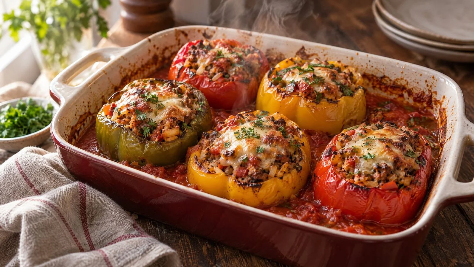Baking dish of stuffed peppers in tomato sauce, steaming fresh from the oven