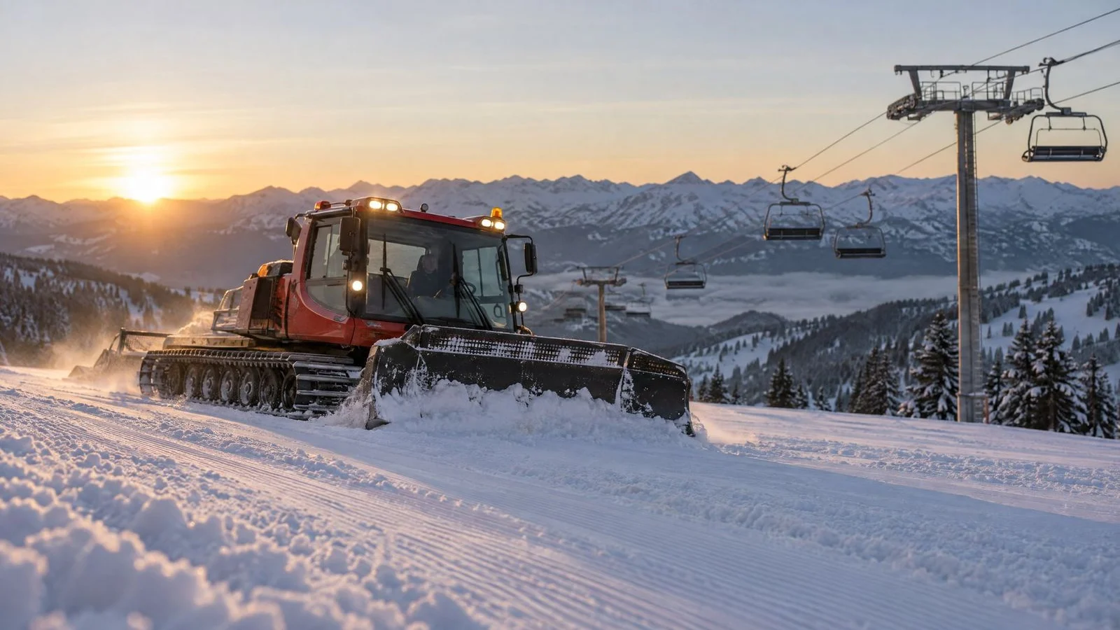 Snow groomer preparing a ski slope at dawn on fresh snow with a chairlift in the background