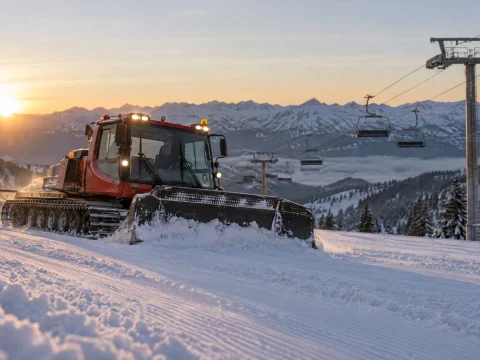 Snow groomer preparing a ski slope at dawn on fresh snow with a chairlift in the background