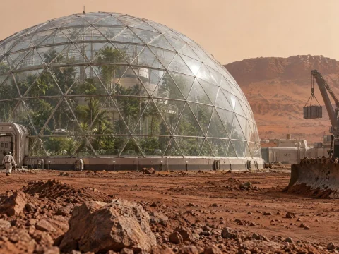Glass greenhouse dome with plants on a red desert landscape, a small excavator parked nearby
