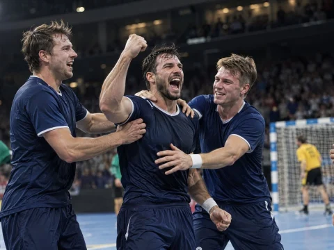 Handball players in plain jerseys celebrating together on court under arena lights