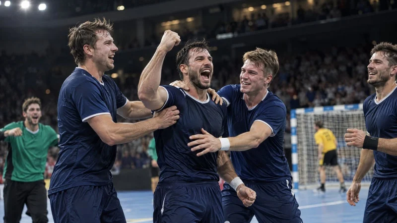 Handball players in plain jerseys celebrating together on court under arena lights