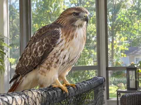 Hawk perched on a balcony railing next to potted plants
