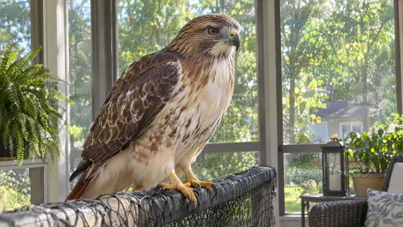 Hawk perched on a balcony railing next to potted plants