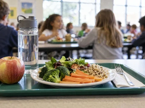School canteen tray with vegetables, fruit and a glass of water, children blurred in the background