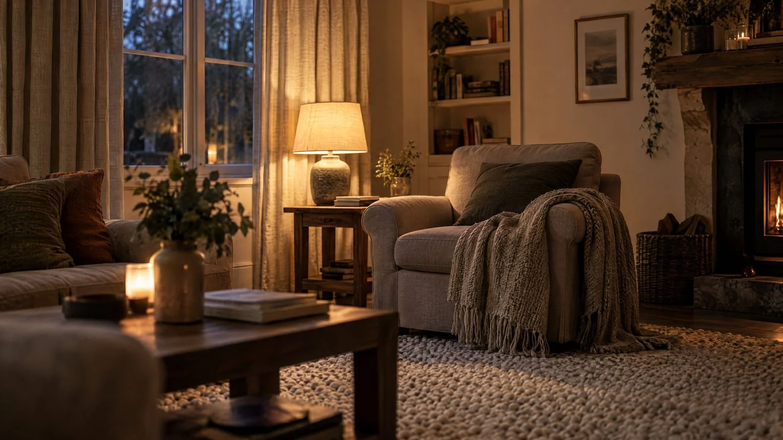 Cozy living room with heavy linen curtains, wool rug, armchair, blanket and warm lamp light in the evening