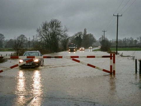 Flooded rural road with a red-and-white barrier in pouring rain, car headlights reflecting on the water