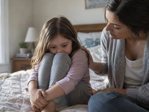 Young child hugging knees on a bed while a parent sits beside in gentle light