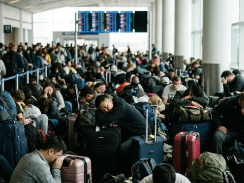 Crowded airport terminal with tired travelers sitting on their luggage, departure screens blurred in the distance
