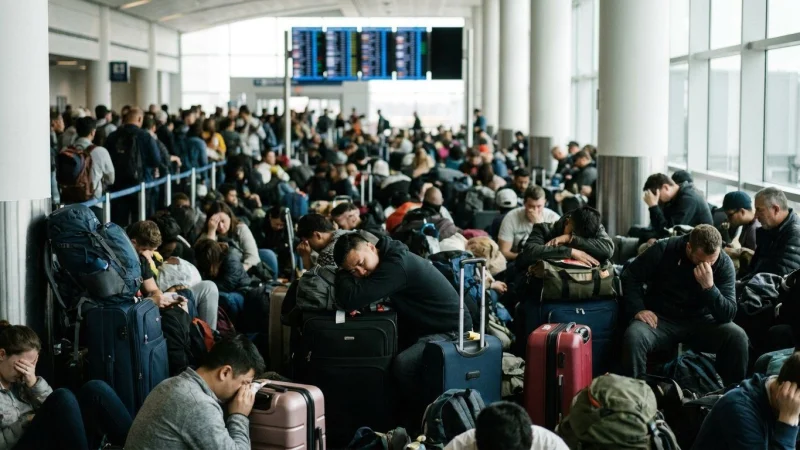 Crowded airport terminal with tired travelers sitting on their luggage, departure screens blurred in the distance