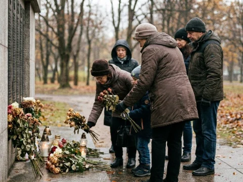 Family members laying flowers and candles at a memorial wall on a cold autumn day
