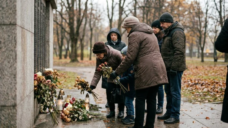 Family members laying flowers and candles at a memorial wall on a cold autumn day