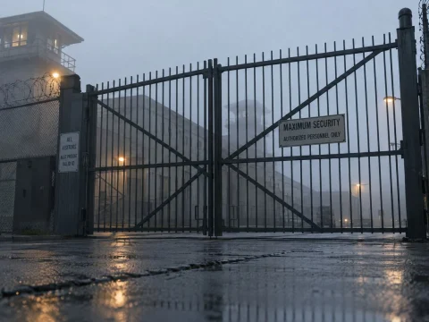 Prison gate and watchtower in the rain