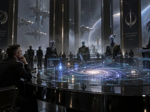 Dark futuristic council chamber set with a large glowing galaxy table at its center