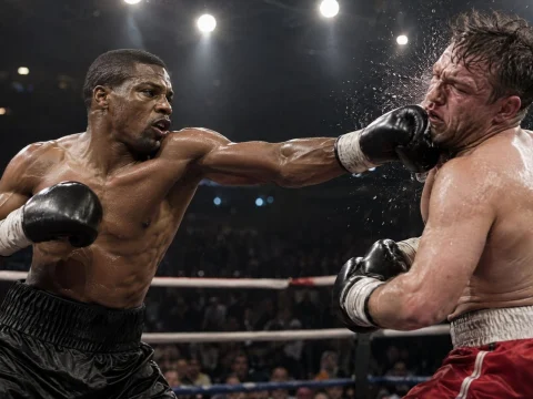 Two boxers in a ring under bright lights, one landing a punch, sweat spraying, dark crowd behind