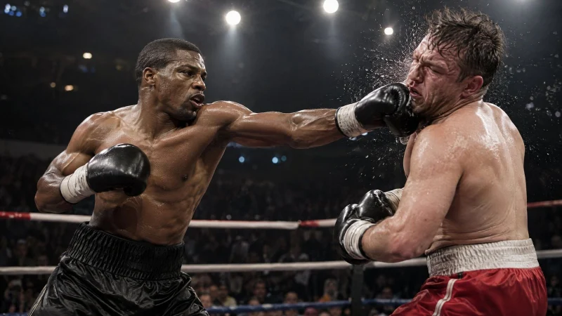 Two boxers in a ring under bright lights, one landing a punch, sweat spraying, dark crowd behind
