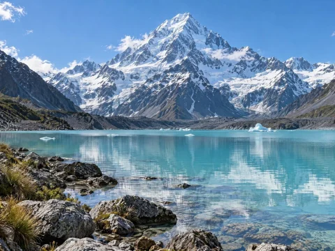 Turquoise glacier lake below snow-covered mountains