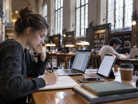Student desk with a laptop, tablet and smartphone, notebooks and coffee, university library in the background