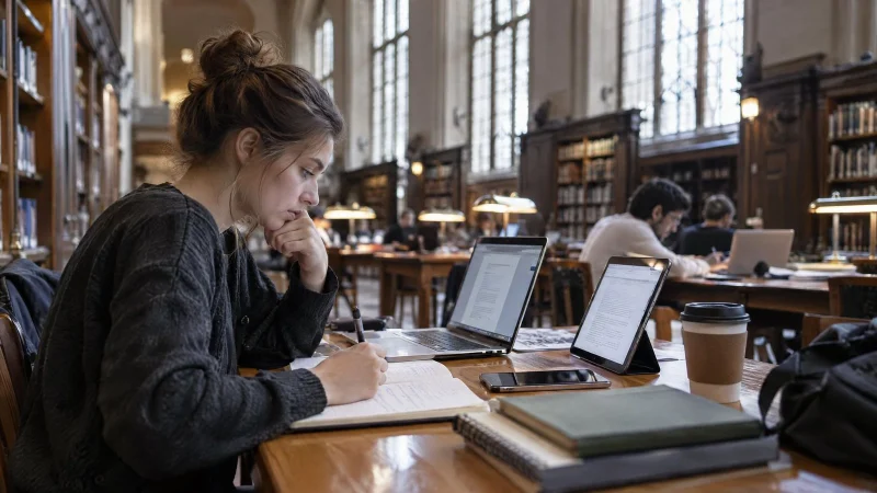 Student desk with a laptop, tablet and smartphone, notebooks and coffee, university library in the background