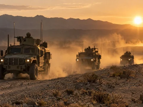 Column of military vehicles driving through a desert at sunset, raising dust