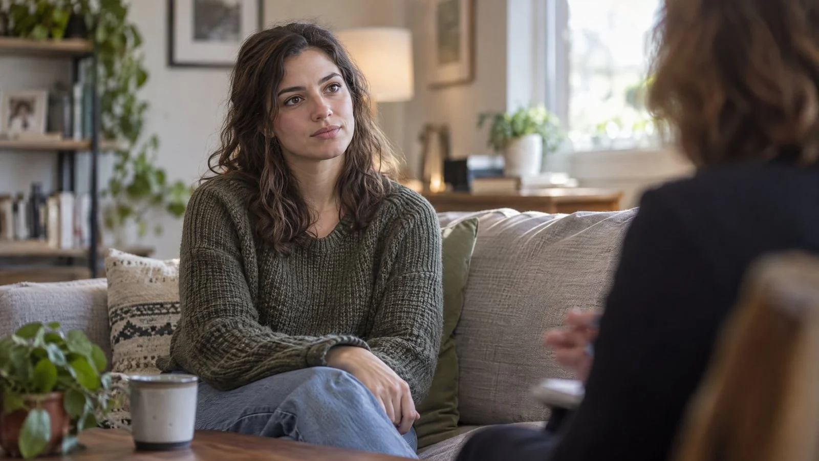Young woman sitting thoughtfully on a sofa during an interview in a softly lit living room
