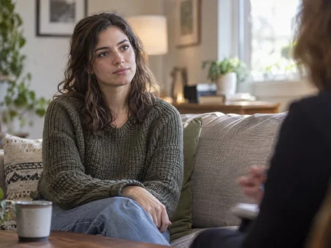 Young woman sitting thoughtfully on a sofa during an interview in a softly lit living room