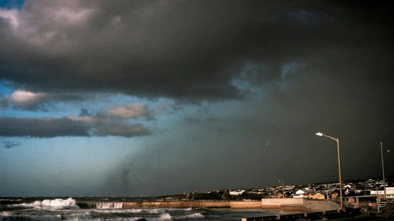 Dark storm clouds over a coastal town as waves crash against a seawall in heavy rain
