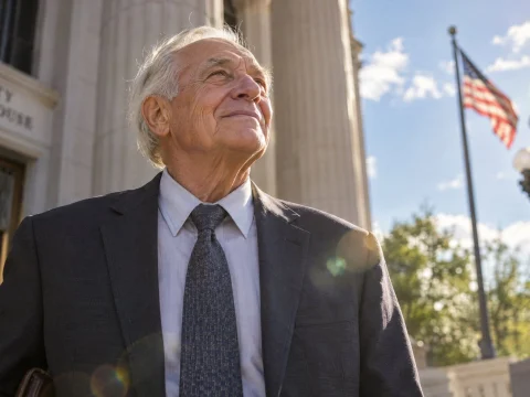 Smiling older man in a suit on courthouse steps with a flag in the background