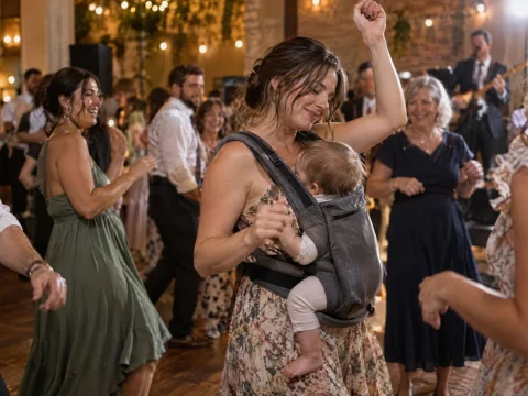 Mother dancing with her baby in a carrier on a wedding dance floor as guests smile under warm lights