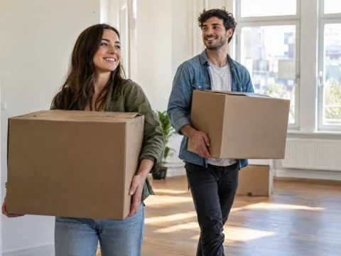 Smiling young couple carrying moving boxes into an empty, bright apartment