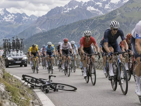 Road race peloton on a mountain road with one bike lying on the asphalt and a team car behind