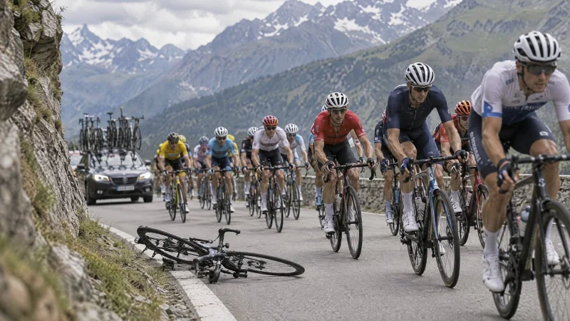 Road race peloton on a mountain road with one bike lying on the asphalt and a team car behind